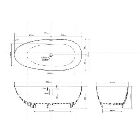 Ванна из искусственного камня ABBER Stein AS9611NM-1.7 белая матовая схема 2