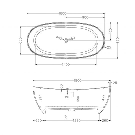 Ванна из искусственного камня ABBER Stein AS9615-1.8 белая матовая схема 2 Ванна из искусственного камня ABBER Stein AS9615-1.8 белая матовая схема 2