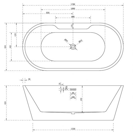 Акриловая ванна ABBER AB9299-1.7 белая схема 2