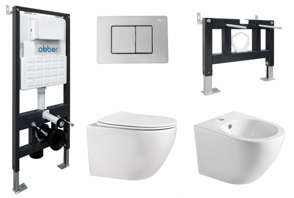 Комплект ABBER унитаз AC1100 белый с инсталляцией AC0105 и кнопкой AC0120 хром, биде AC1150 с инсталляцией AC0101P