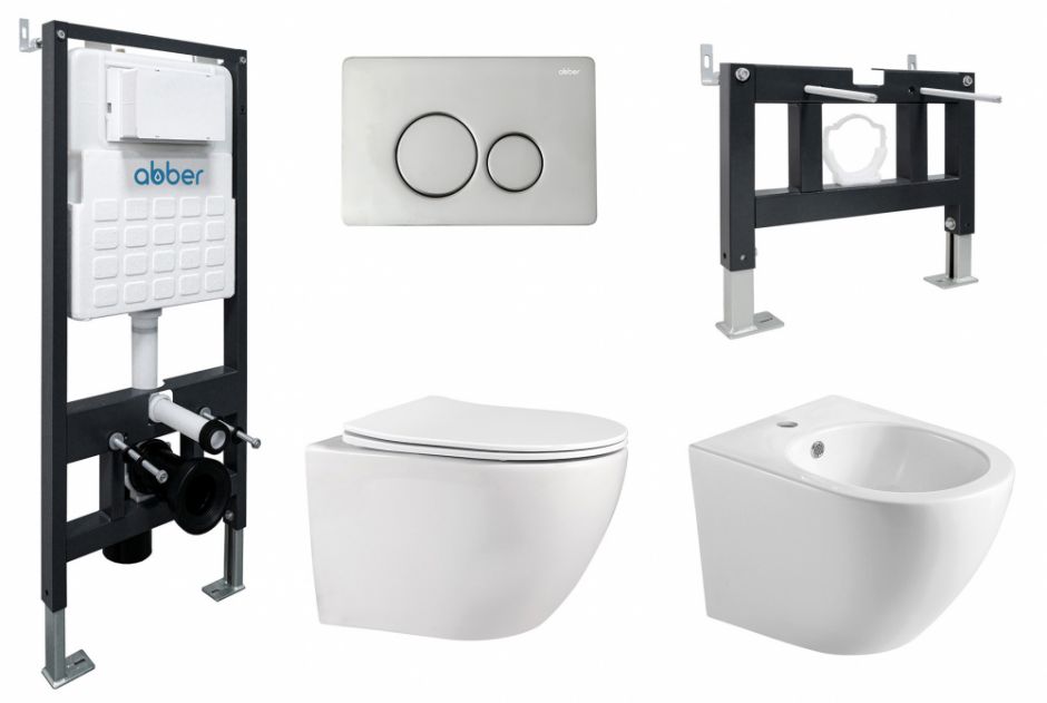 Комплект ABBER унитаз AC1100 белый с инсталляцией AC0105 и кнопкой AC0121 хром, биде AC1150 с инсталляцией AC0101P