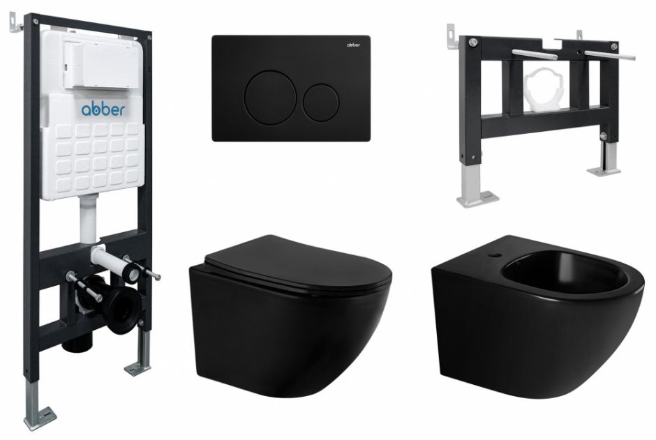 Комплект ABBER унитаз AC1100MB черный матовый с инсталляцией AC0105 и кнопкой AC0121MB, биде AC1150MB с инсталляцией AC0101P