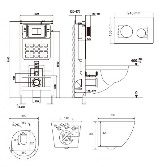 Комплект ABBER унитаз AC1100MB черный матовый с инсталляцией AC0105 и кнопкой AC0121MB, биде AC1150MB с инсталляцией AC0101P схема 2
