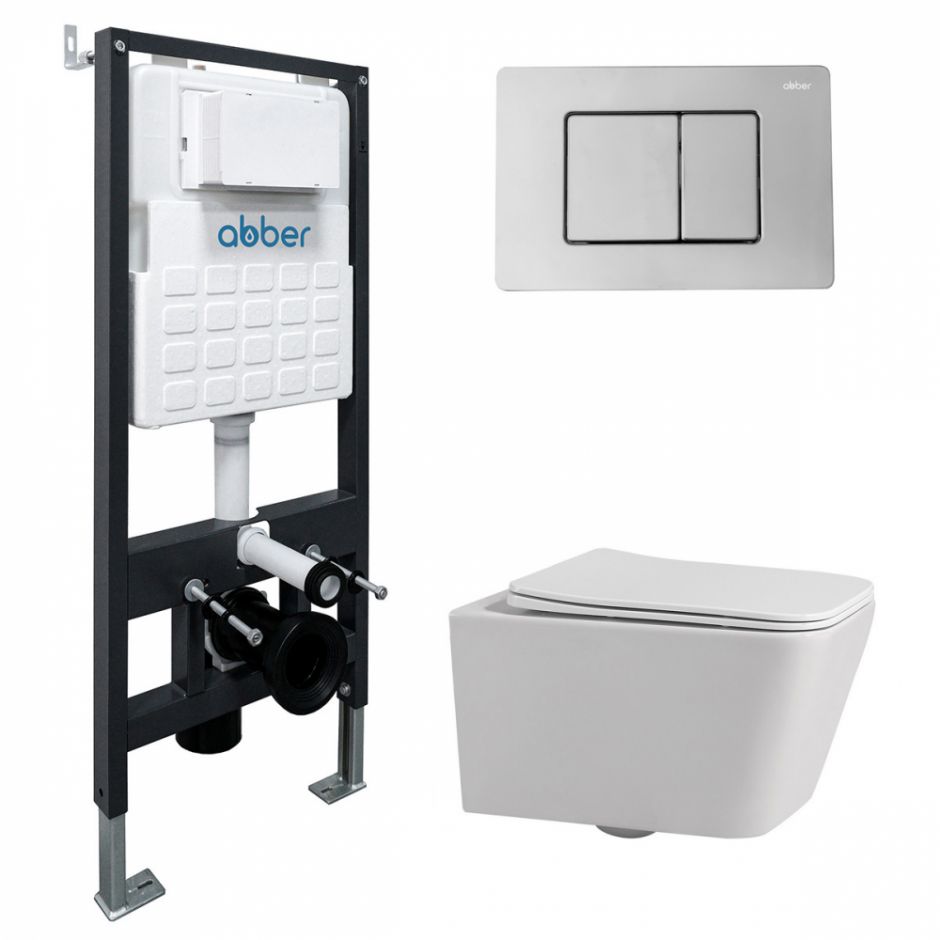 Изображение Комплект подвесной унитаз ABBER Rechteck AC1201 белый с инсталляцией AC0105 и кнопкой AC0120 хром