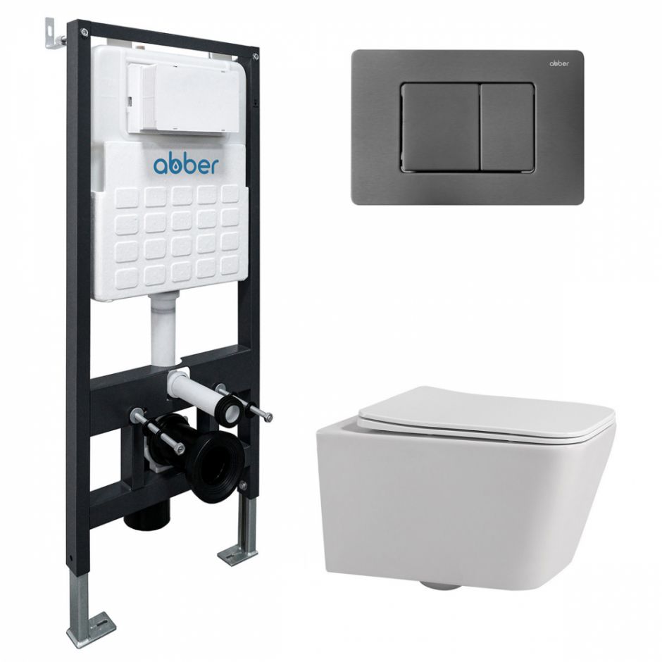 Изображение Комплект подвесной унитаз ABBER Rechteck AC1201 белый с инсталляцией AC0105 и кнопкой AC0120NG никель