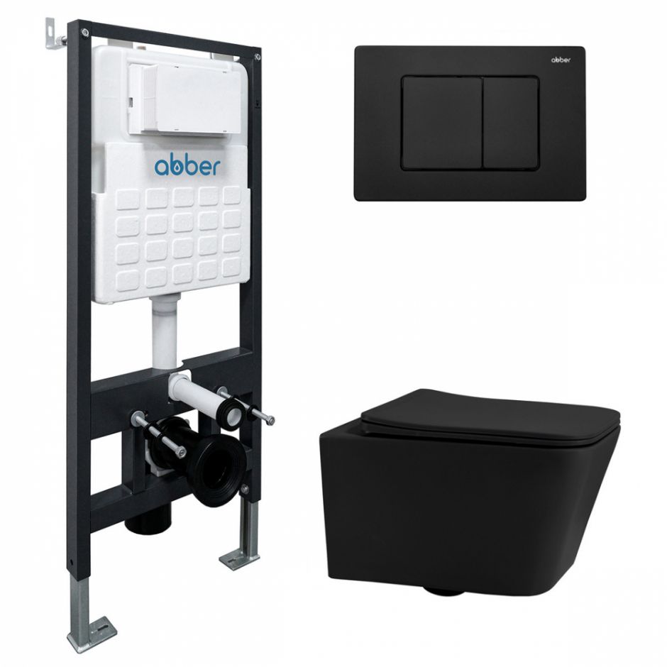 Изображение Комплект подвесной унитаз ABBER Rechteck AC1201MB черный матовый с инсталляцией AC0105 и кнопкой AC0120MB черный матовый