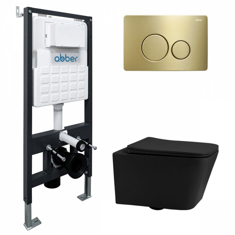 Изображение Комплект подвесной унитаз ABBER Rechteck AC1201MB черный матовый с инсталляцией AC0105 и кнопкой AC0121MMG золото матовое