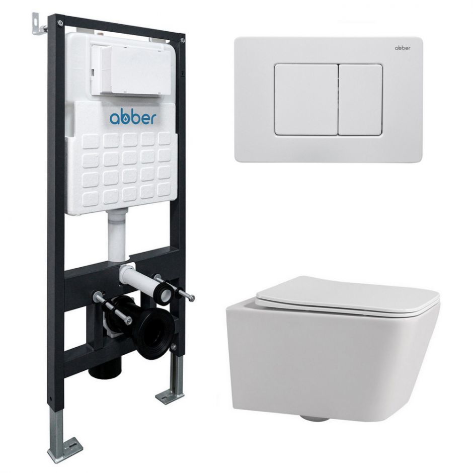 Изображение Комплект подвесной унитаз ABBER Rechteck AC1201 белый с инсталляцией AC0105 и кнопкой AC0120MW белая матовая