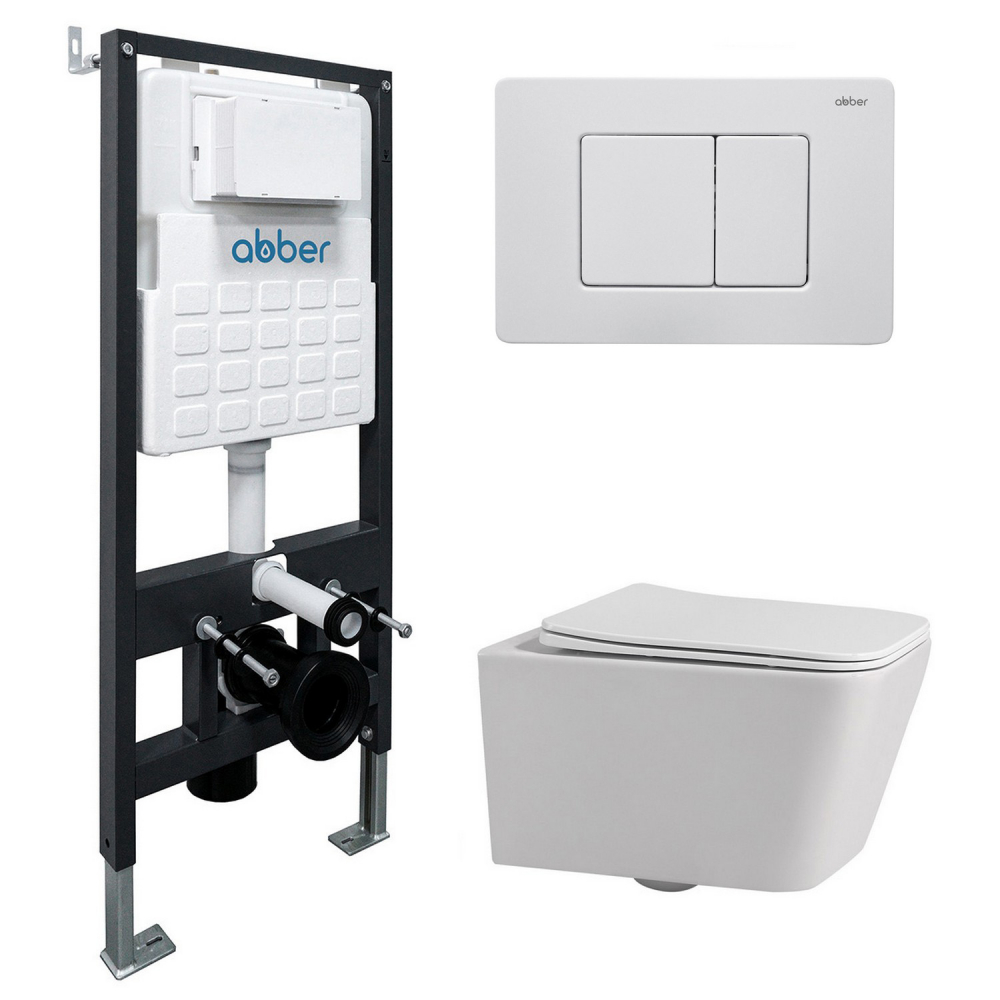 Комплект подвесной унитаз ABBER Rechteck AC1201 белый с инсталляцией AC0105 и кнопкой AC0120MW белая матовая цена от 32 895 ₽ Фото Комплект подвесной унитаз ABBER Rechteck AC1201 белый с инсталляцией AC0105 и кнопкой AC0120MW белая матовая