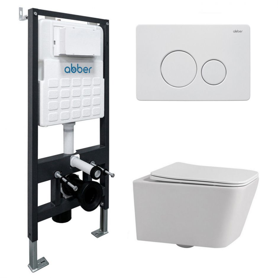 Изображение Комплект подвесной унитаз ABBER Rechteck AC1201 белый с инсталляцией AC0105 и кнопкой AC0121MW белая матовая