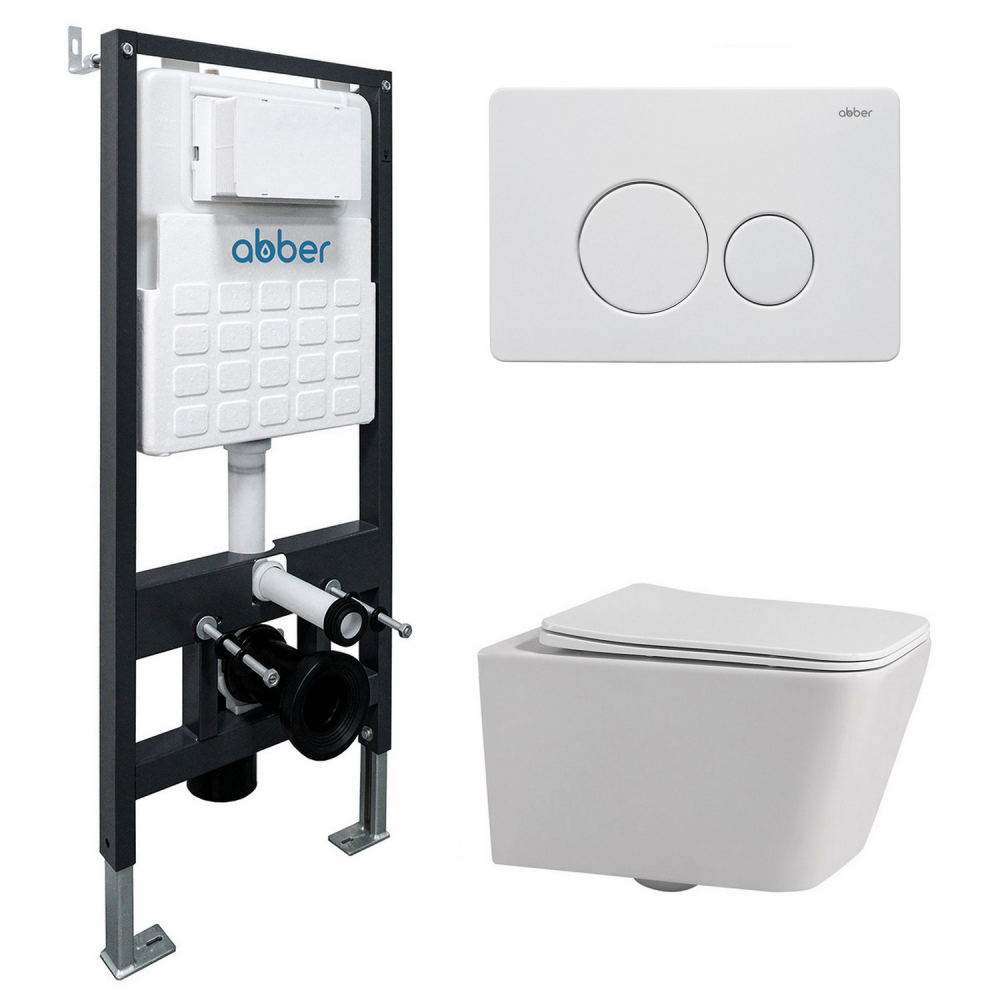 Комплект подвесной унитаз ABBER Rechteck AC1201 белый с инсталляцией AC0105 и кнопкой AC0121MW белая матовая цена от 32 895 ₽ Фото Комплект подвесной унитаз ABBER Rechteck AC1201 белый с инсталляцией AC0105 и кнопкой AC0121MW белая матовая