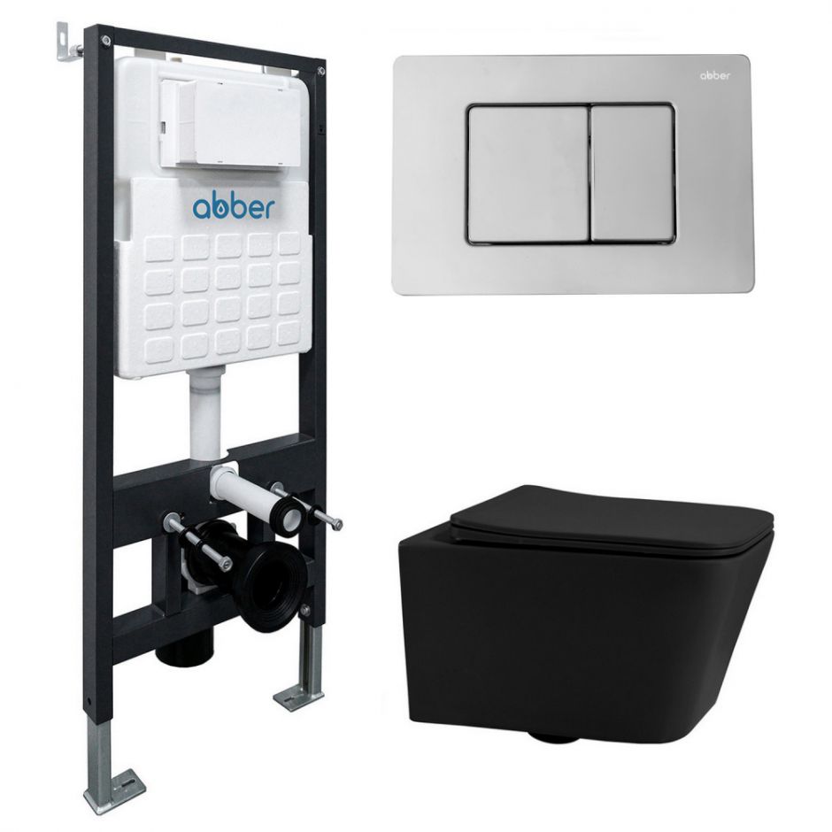 Изображение Комплект подвесной унитаз ABBER Rechteck AC1201MB черный матовый с инсталляцией AC0105 и кнопкой AC0120 хром