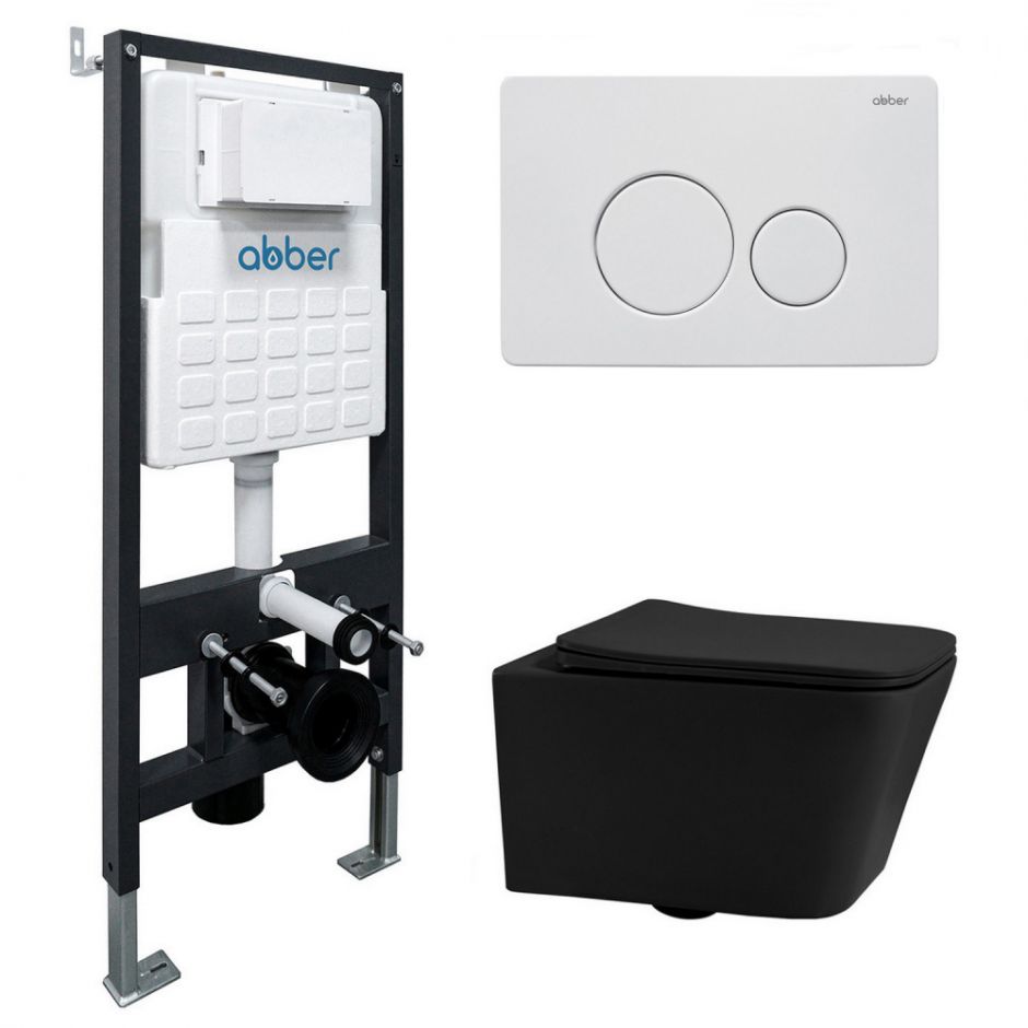 Изображение Комплект подвесной унитаз ABBER Rechteck AC1201MB черный матовый с инсталляцией AC0105 и кнопкой AC0121MW белая матовая