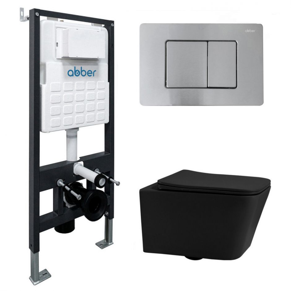 Изображение Комплект подвесной унитаз ABBER Rechteck AC1201MB черный матовый с инсталляцией AC0105 и кнопкой AC0120MCH матовый хром