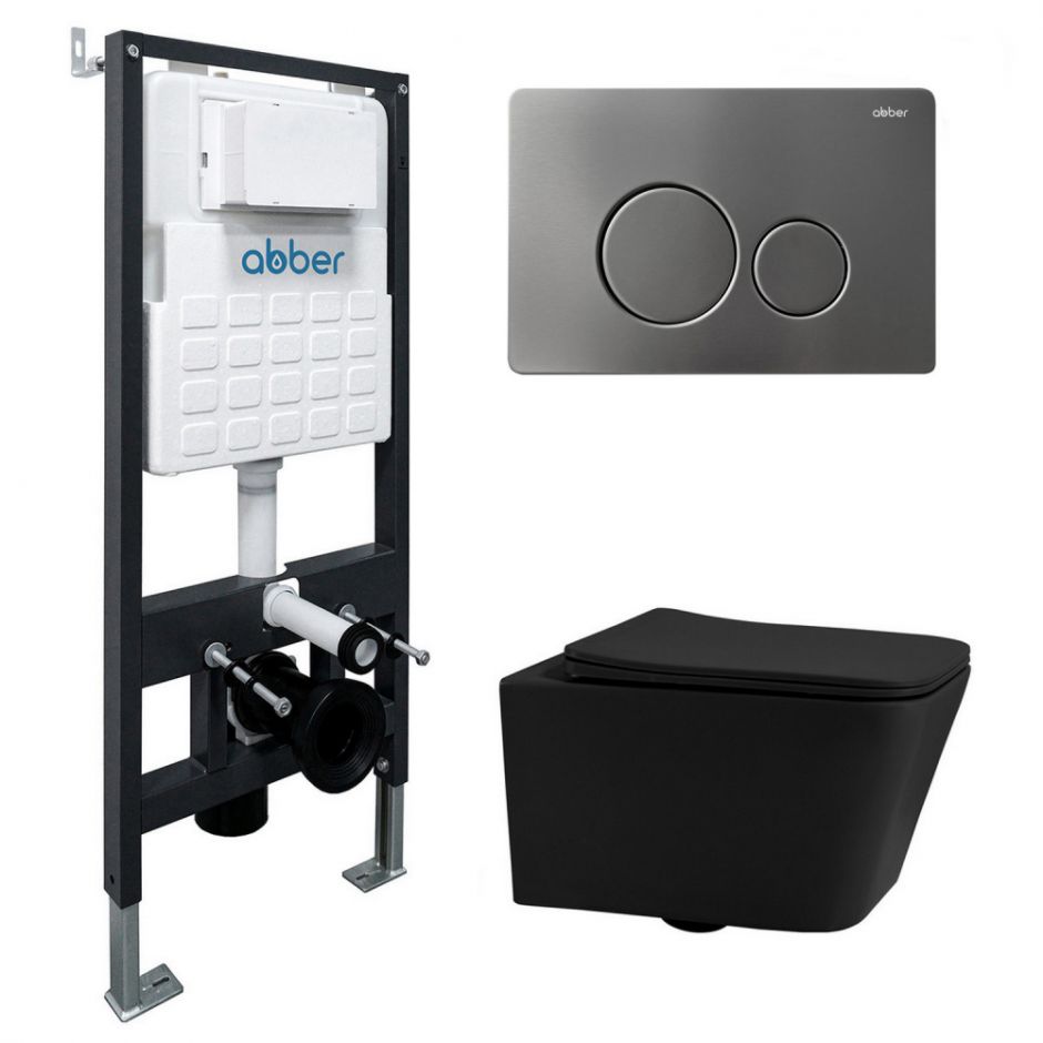 Изображение Комплект подвесной унитаз ABBER Rechteck AC1201MB черный матовый с инсталляцией AC0105 и кнопкой AC0121MCH матовый хром