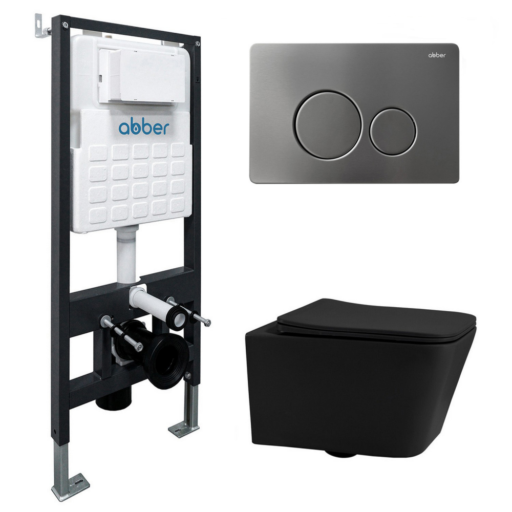 Комплект подвесной унитаз ABBER Rechteck AC1201MB черный матовый с инсталляцией AC0105 и кнопкой AC0121MCH матовый хром цена от 38 633 ₽ Фото Комплект подвесной унитаз ABBER Rechteck AC1201MB черный матовый с инсталляцией AC0105 и кнопкой AC0121MCH матовый хром