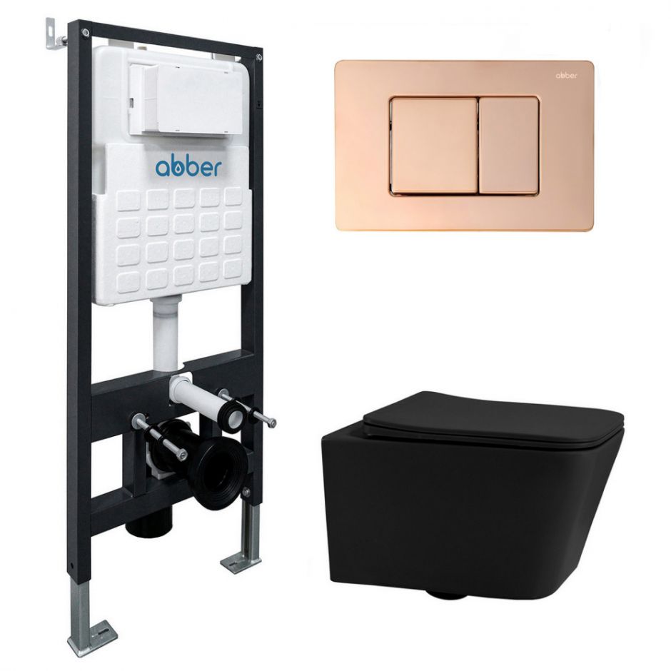 Изображение Комплект подвесной унитаз ABBER Rechteck AC1201MB черный матовый с инсталляцией AC0105 и кнопкой AC0120RG золото розовое