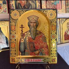 Владимир, князь 27х31 см (рукописная икона с холодными эмалями, сусальным золотом и чеканкой)