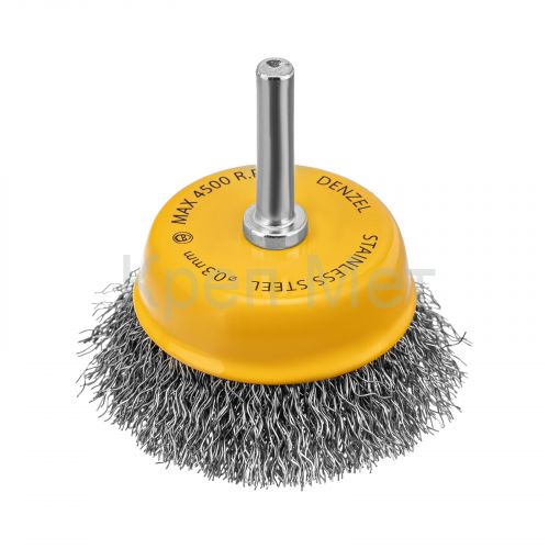 Щетка для дрели, 65 мм, Чашка, со шпилькой , нержавеющая витая проволока Denzel