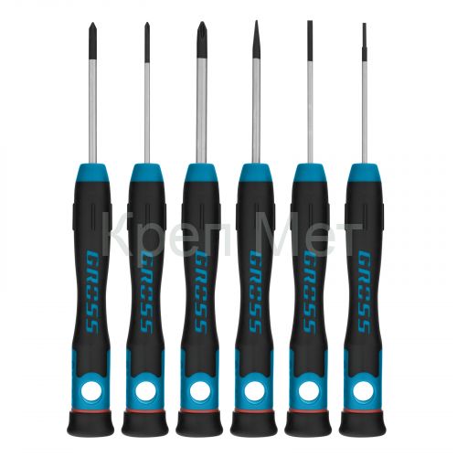 Набор отверток для точной механики, CrMo, двухкомпонентные рукоятки, 6 шт, пластиковый бокс Gross