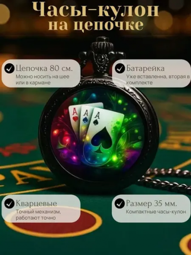 Карманные часы-кулон "Тузы судьбы" с цепочкой 80 см.