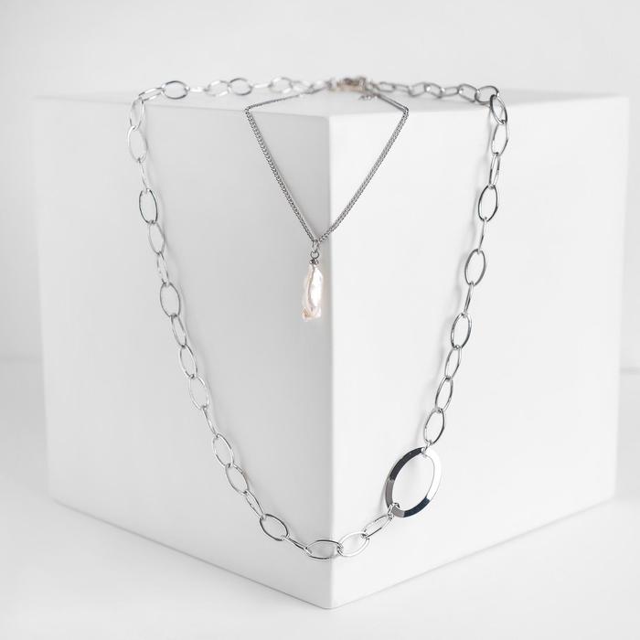 Кулон «Цепь» стрит, жемчуг и две нити, цвет белый в серебре, 42см
