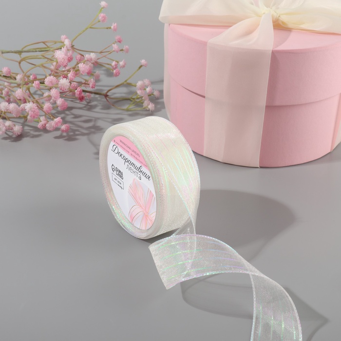 Лента капроновая, с люрексом, 25 мм ? 9,1 ± 0,5 м, цвет белый/радужный