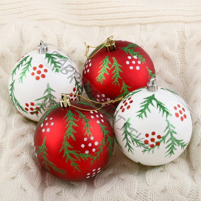 Ёлочные игрушки «Еловые веточки», шары новогодние, d=8 см, набор 4 шт., красный/белый