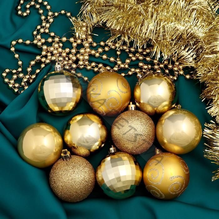 Ёлочные игрушки «Ариозо», шары новогодние, набор с бусами и мишурой, 12 шт., золотистый