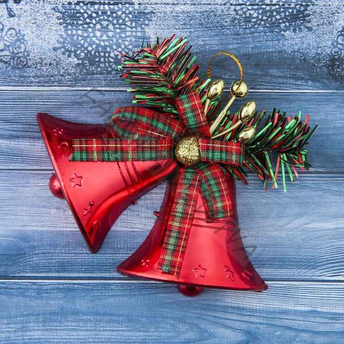 Ёлочная игрушка «Зимнее волшебство. Колокольчик двойной с бантиком в клетку» пластик, 13x10 см, красный
