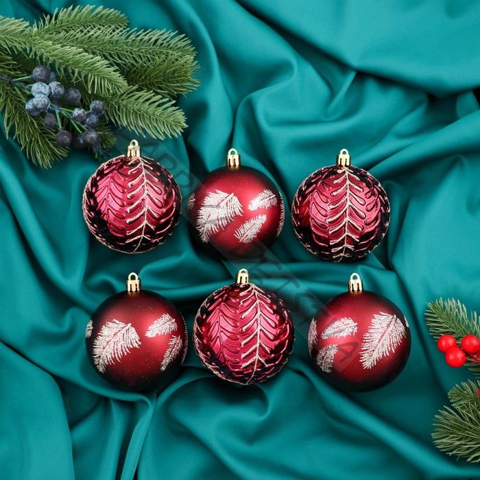 Ёлочные игрушки « Сказочные узоры - перья», шары новогодние, d=8 см, набор 6 шт., красный