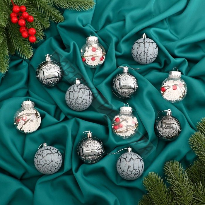 Ёлочные игрушки «Зимняя музыка», шары новогодние, d=6 см, набор 12 шт., ягодки, серый