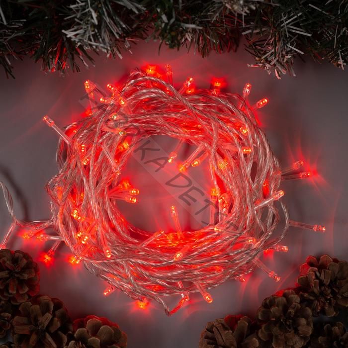 Гирлянда «Нить» 10 м, IP20, прозрачная нить, 100 LED, 8 режимов, 220 В, свечение красное