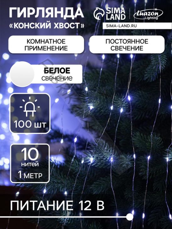 Гирлянда «Конский хвост» 10 нитей по 1 м, IP20, серебристая нить, 100 LED, свечение белое, 12 В