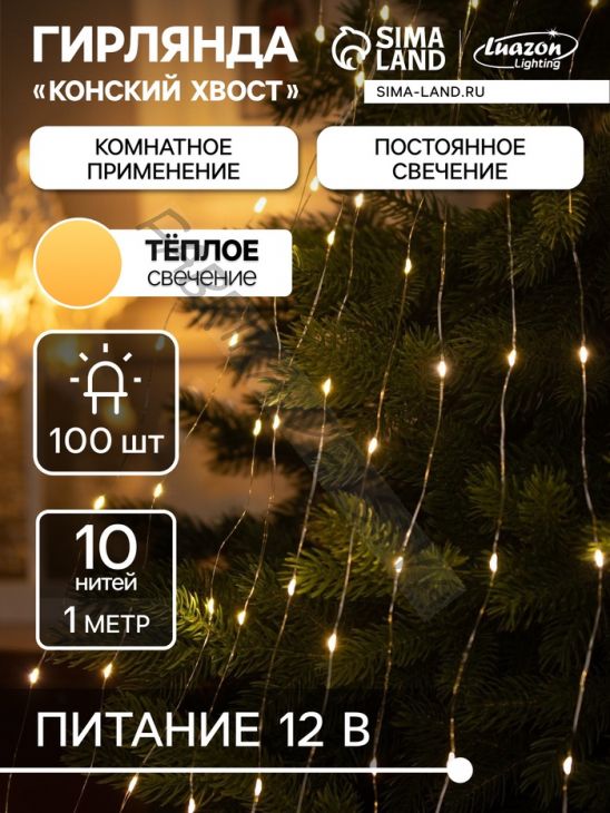 Гирлянда «Конский хвост» 10 нитей по 1 м, IP20, серебристая нить, 100 LED, свечение тёплое белое, 12 В
