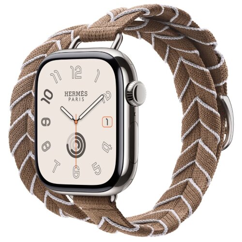 Apple Watch Series 11 Hermes 42 mm Bridon Double Tour Lisere Attelage Beige de Weimar Blanc