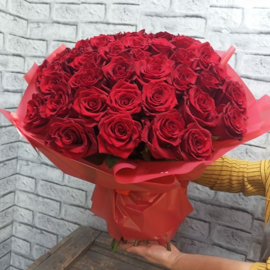 Бордовые розы в упаковке