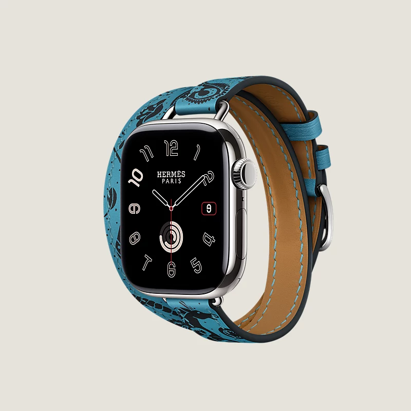 Часы Apple Watch Hermès Series 11 GPS + Cellular 42mm Silver Titanium Case with Bleu Du Nord Animaux Bandana Attelage Double Tour