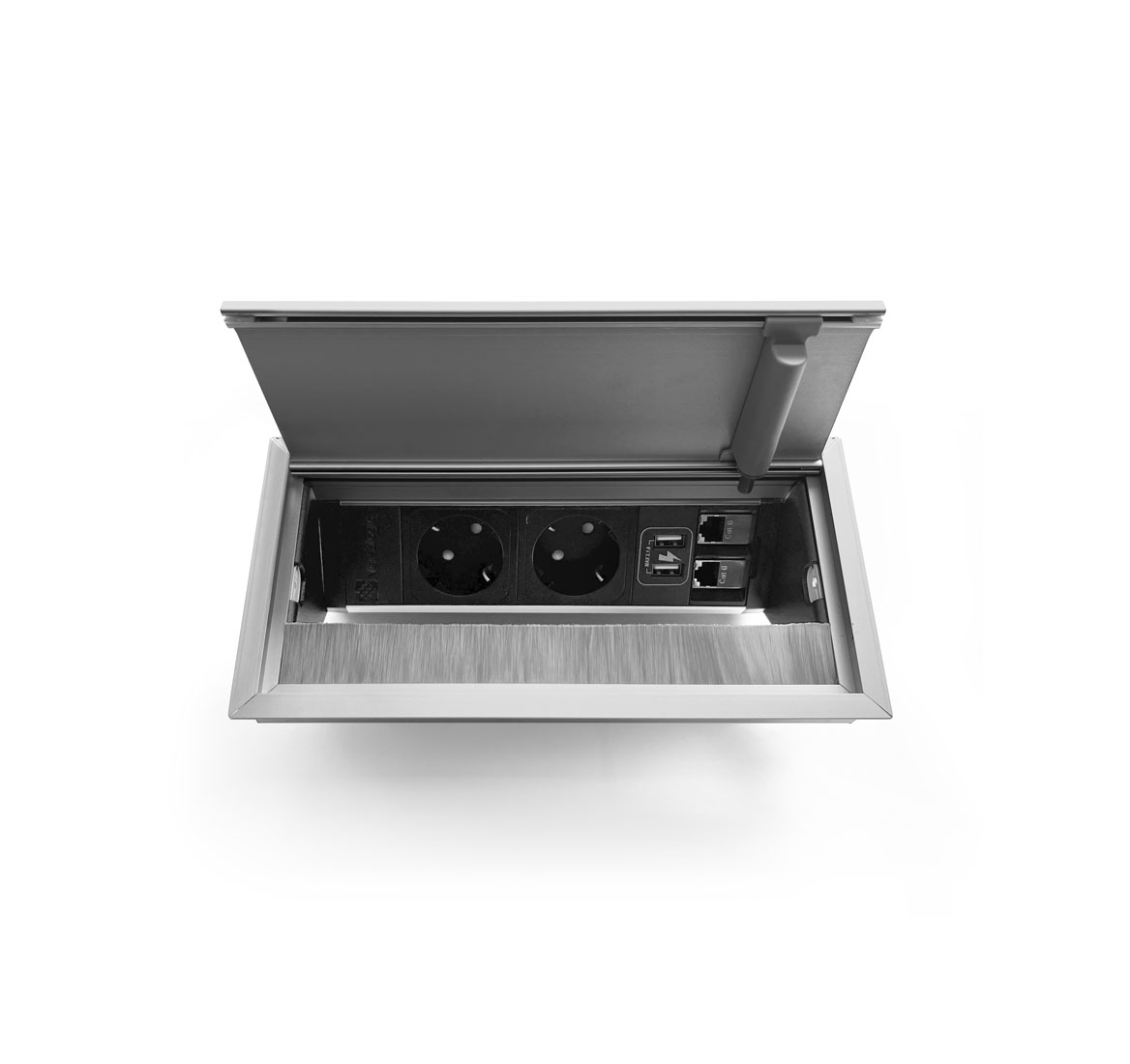 Встраиваемый розеточный блок VersaFlap 2sh+2Rj45+2Usb (AA) АЛЮМИНИЙ/ЧЕРНЫЙ