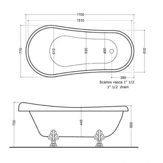 Ванна Kerasan Retro 105590/105591/105593 отдельностоящая, 170х77 см, на декоративных лапах схема 4