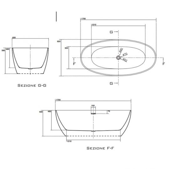 Ванна Kerasan Flo 742901 акриловая 170х82 см, отдельностоящая схема 2 Ванна Kerasan Flo 742901 акриловая 170х82 см, отдельностоящая схема 2
