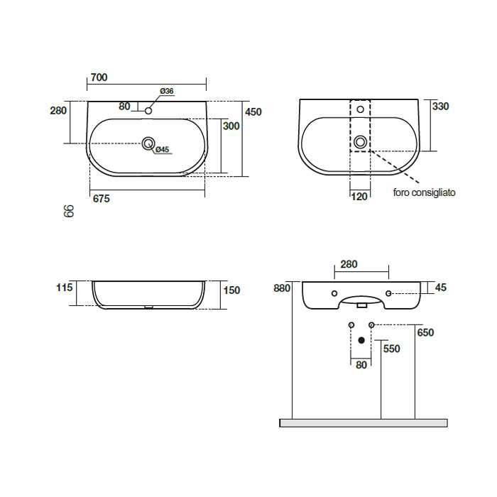 Подвесная раковина Kerasan Nolita 534201*1 , закругленная 70x45 см ФОТО