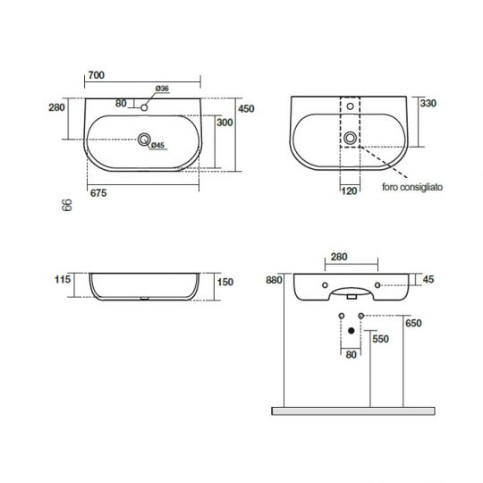 Подвесная раковина Kerasan Nolita 534201*1 , закругленная 70x45 см схема 2