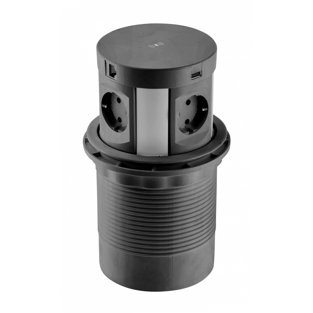 Выдвижной блок розеток, мини колонна MAC (с беспроводной зарядкой, на 4 розетки, 2 USB (A), 2 RJ45 5eUTP)