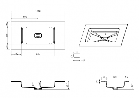 Раковина накладная Armadi Art Quatro 793-100-W 110х52 см, чаша по центру схема 2