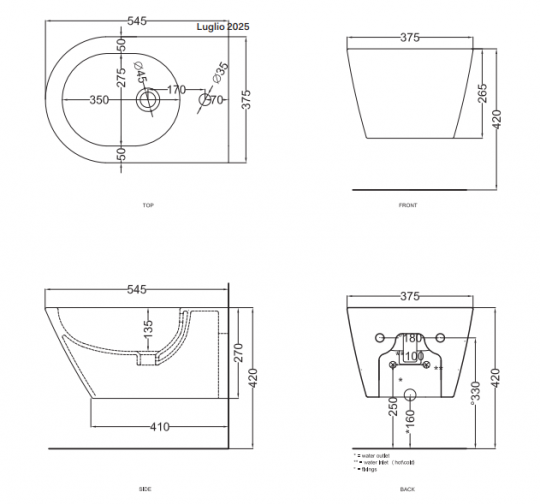 Биде подвесное Cielo Mare MRBS с отверстием под смеситель, крепеж в комплекте схема 2 Биде подвесное Cielo Mare MRBS с отверстием под смеситель, крепеж в комплекте схема 2