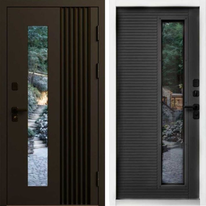 Входная дверь Termo-door Фортис Муар коричневый 8019 - Бетон темный, белый короб с терморазрывом и стеклопакетом