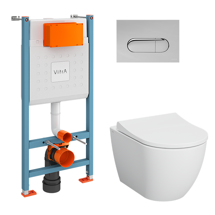 Инсталляция с унитазом VitrA Mia Round комплект 4в1 безободковый, клвиша глянцевый хром 9873B003-7201