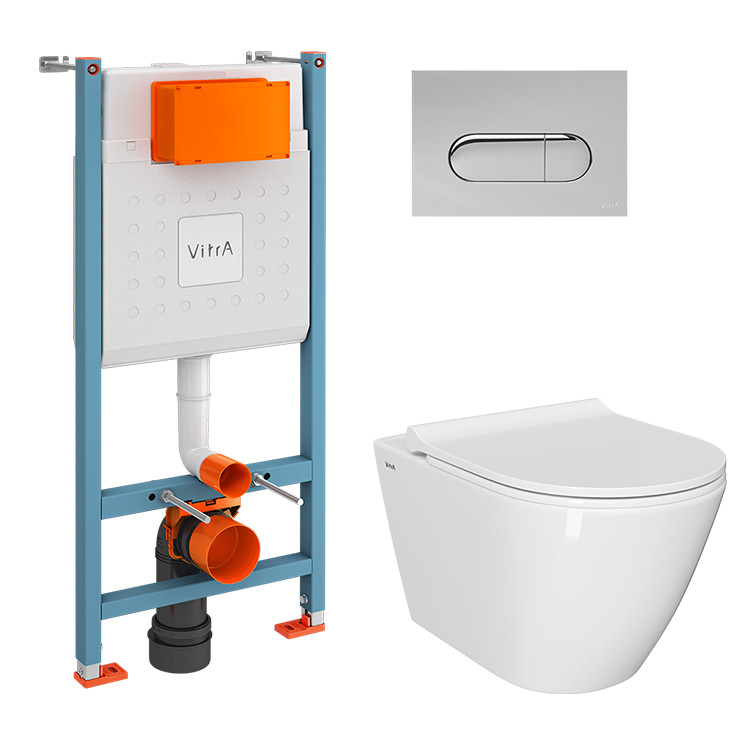 Инсталляция с унитазом VitrA Sanibelle комплект 4в1 безободковый, клвиша глянцевый хром 9878B003-7200