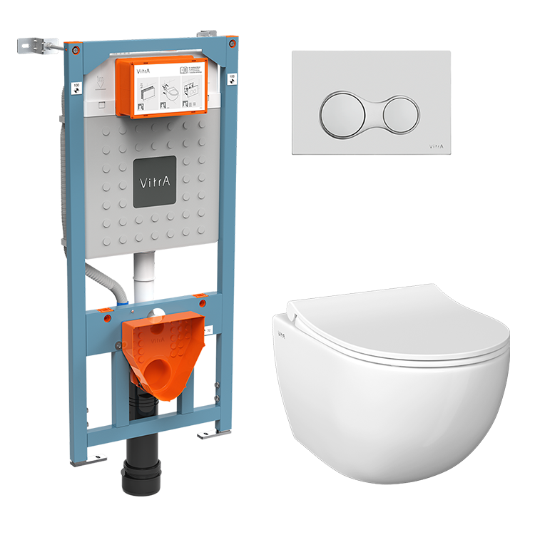 Инсталляция с унитазом VitrA Sento комплект 4в1 безободковый, клвиша матовый хром 9830B003-7207